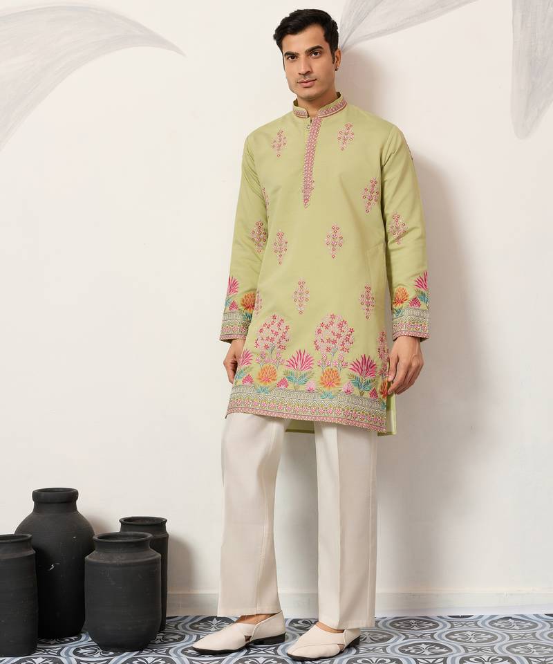 Pista viscose silk thread with sequence embroidered work kurta only