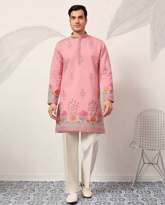 Pink viscose silk thread with sequence embroidered work kurta only 1
