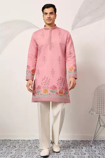 Pink viscose silk thread with sequence embroidered work kurta only