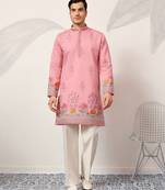 Pink viscose silk thread with sequence embroidered work kurta only