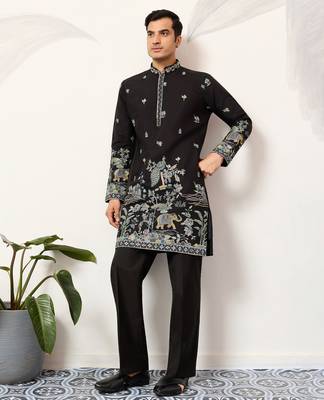 Black viscose silk thread with sequence embroidered work kurta only 2