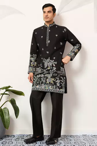 Black viscose silk thread with sequence embroidered work kurta only
