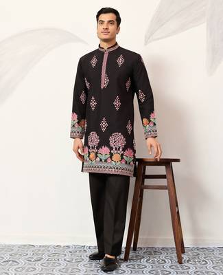 Black viscose silk thread with sequence embroidered work kurta only 1