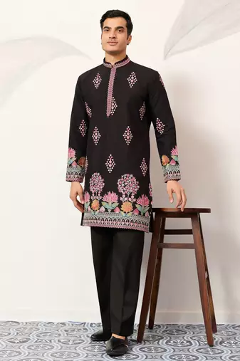 Black viscose silk thread with sequence embroidered work kurta only
