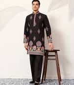 Black viscose silk thread with sequence embroidered work kurta only