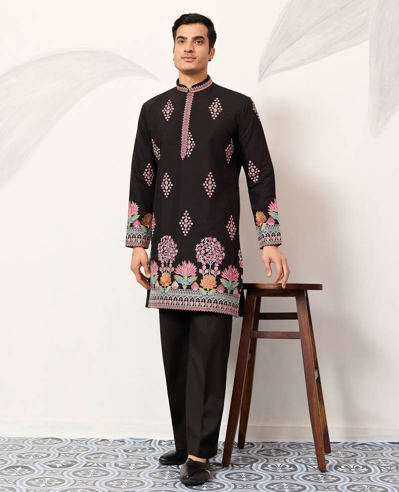 Black viscose silk thread with sequence embroidered work kurta only