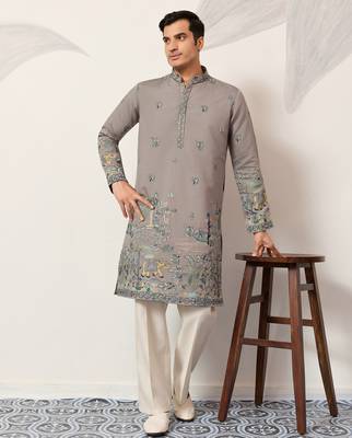 Grey viscose silk thread with sequence embroidered work kurta only 1