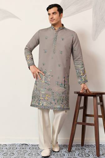Grey viscose silk thread with sequence embroidered work kurta only