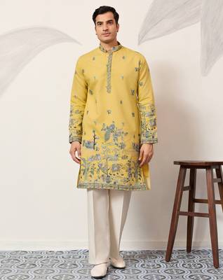 Yellow viscose silk thread with sequence embroidered work kurta only 1
