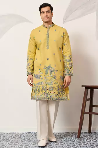 Yellow viscose silk thread with sequence embroidered work kurta only