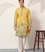Yellow viscose silk thread with sequence embroidered work kurta only