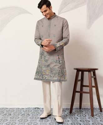 Grey viscose silk thread with sequence embroidered work kurta only 2