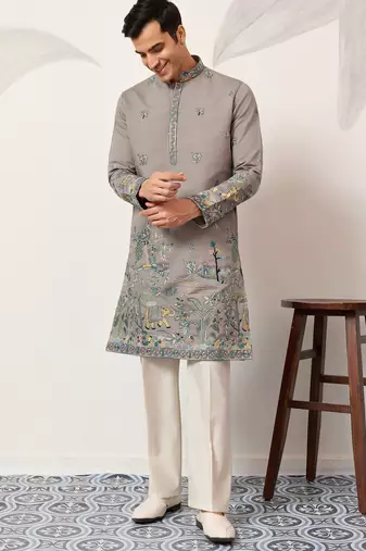 Grey viscose silk thread with sequence embroidered work kurta only
