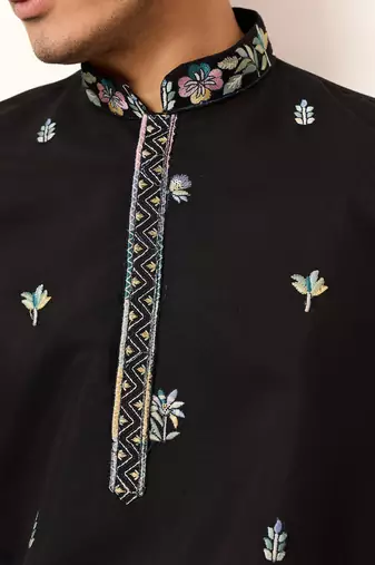 Black viscose silk thread with sequence embroidered work kurta only