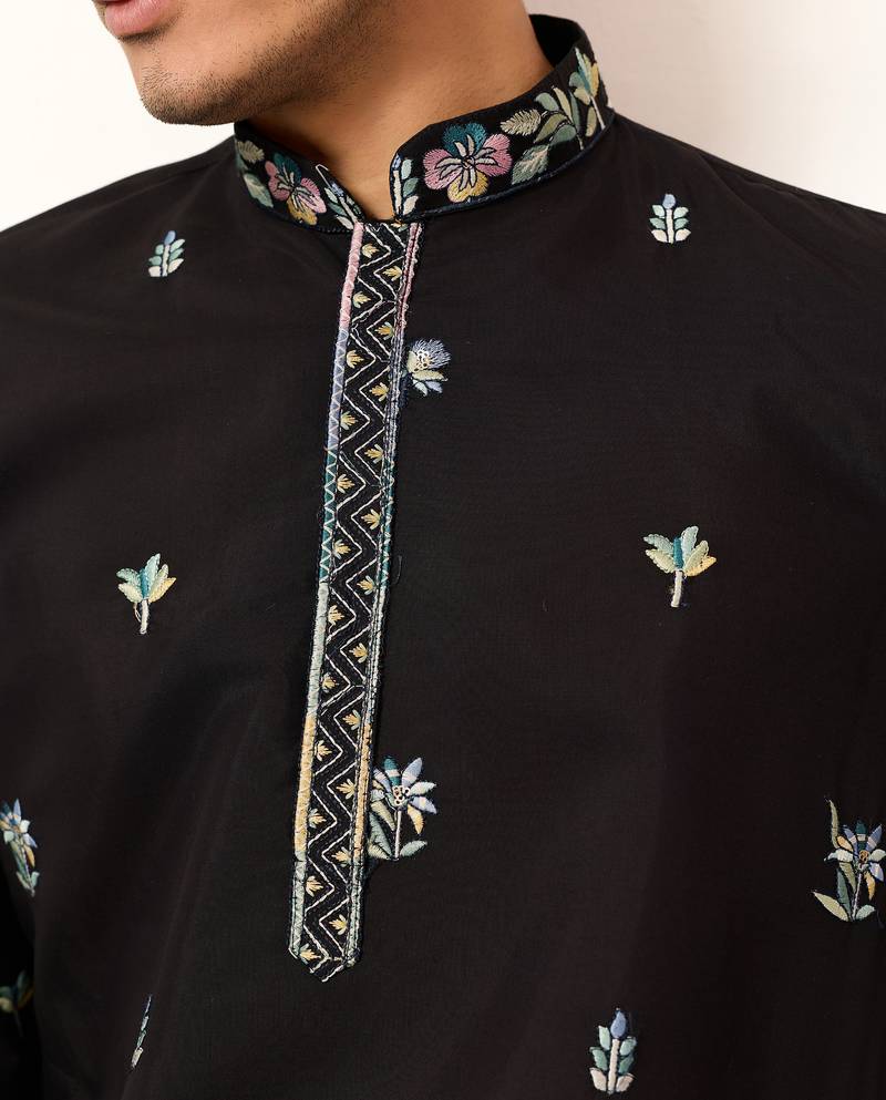 Black viscose silk thread with sequence embroidered work kurta only