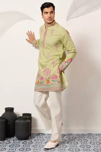 Pista viscose silk thread with sequence embroidered work kurta only
