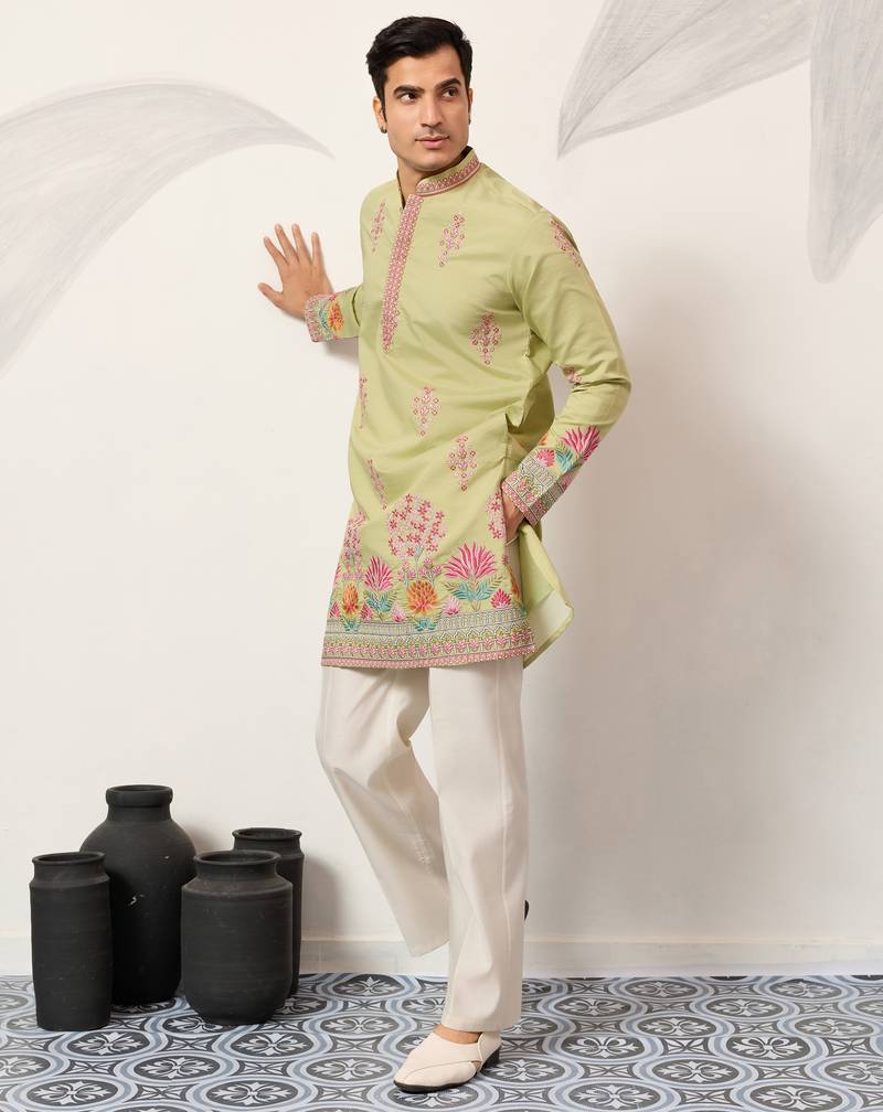 Pista viscose silk thread with sequence embroidered work kurta only