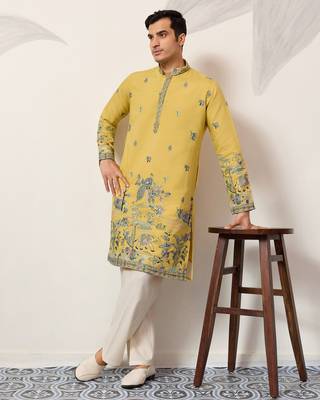 Yellow viscose silk thread with sequence embroidered work kurta only 2