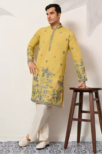 Yellow viscose silk thread with sequence embroidered work kurta only