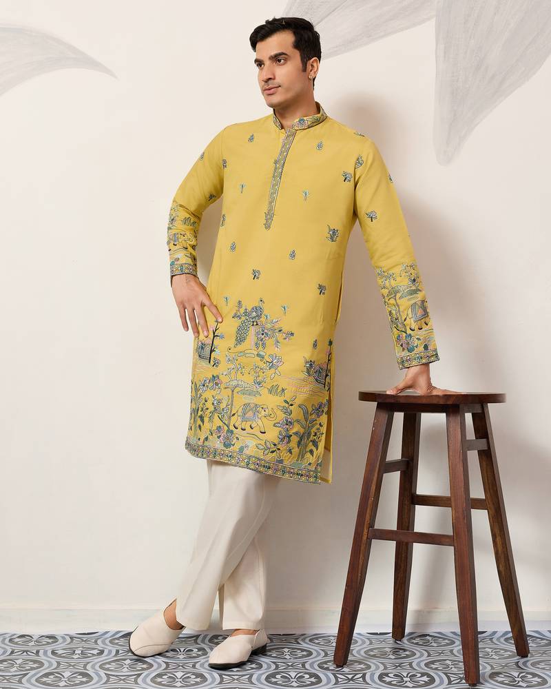Yellow viscose silk thread with sequence embroidered work kurta only