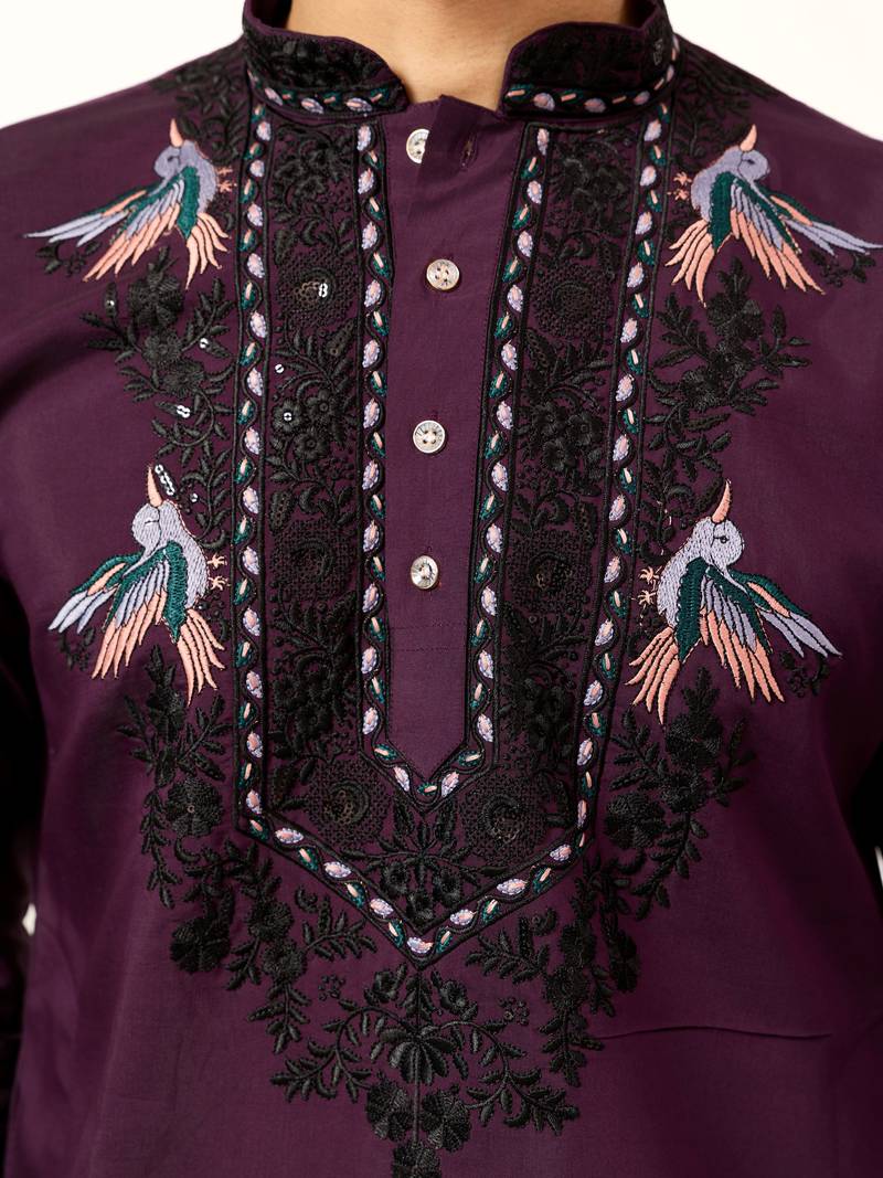 Purple viscose silk thread with sequence embroidered work kurta & dupatta