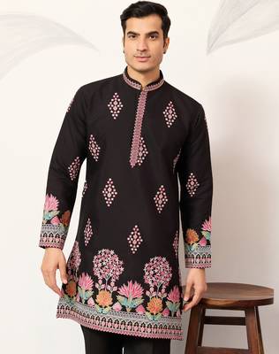 Black viscose silk thread with sequence embroidered work kurta only 2
