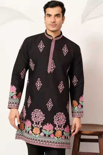 Black viscose silk thread with sequence embroidered work kurta only