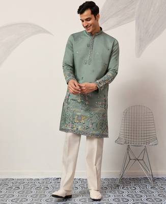 Pista viscose silk thread with sequence embroidered work kurta only 1