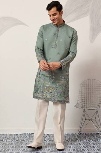 Pista viscose silk thread with sequence embroidered work kurta only