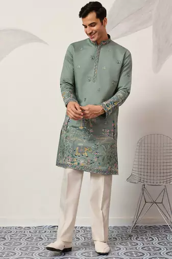 Pista viscose silk thread with sequence embroidered work kurta only