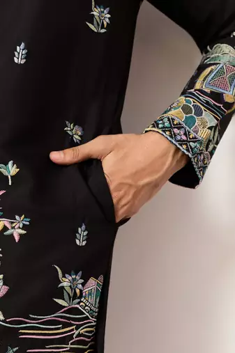 Black viscose silk thread with sequence embroidered work kurta only