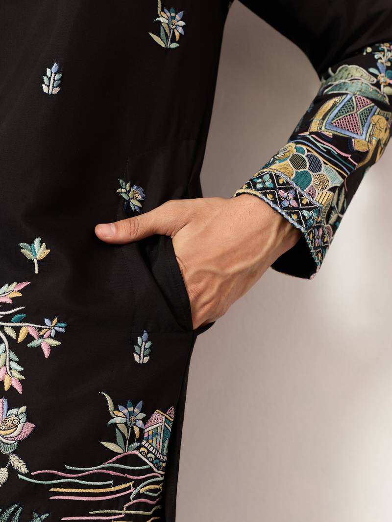 Black viscose silk thread with sequence embroidered work kurta only