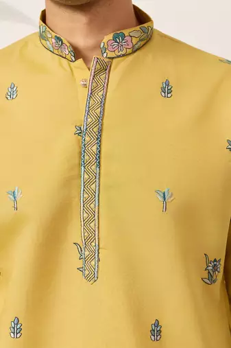 Yellow viscose silk thread with sequence embroidered work kurta only