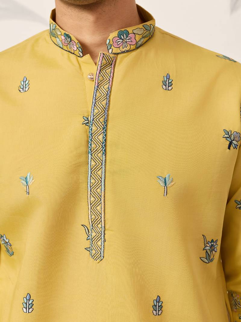 Yellow viscose silk thread with sequence embroidered work kurta only