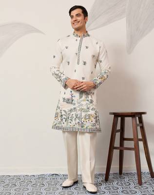 White viscose silk thread with sequence embroidered work kurta only 1