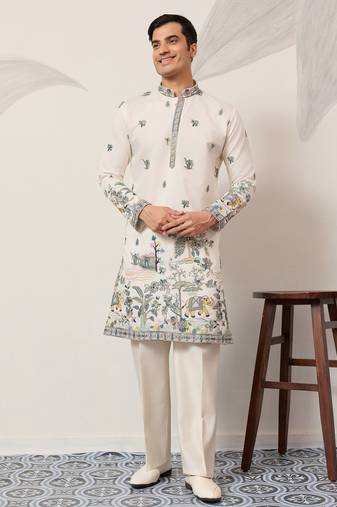 White viscose silk thread with sequence embroidered work kurta only