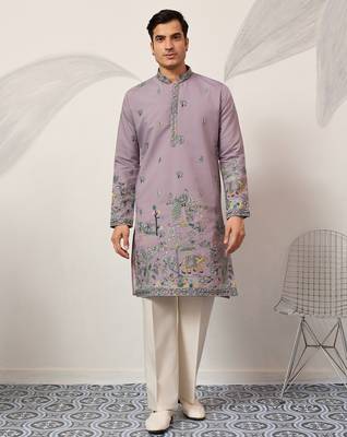 Purple viscose silk thread with sequence embroidered work kurta only 1