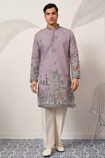 Purple viscose silk thread with sequence embroidered work kurta only