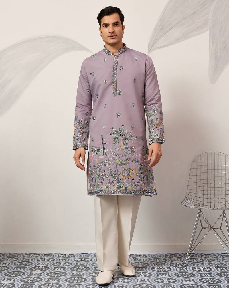 Purple viscose silk thread with sequence embroidered work kurta only