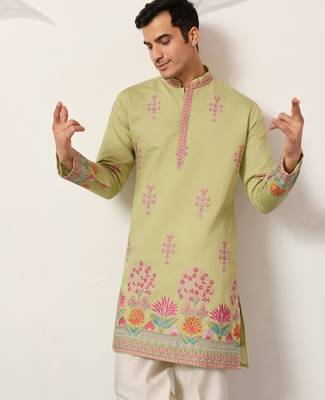 Pista viscose silk thread with sequence embroidered work kurta only 4