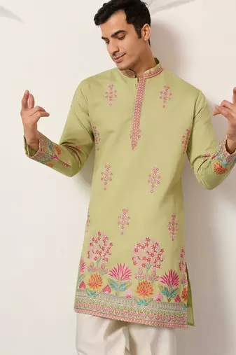 Pista viscose silk thread with sequence embroidered work kurta only