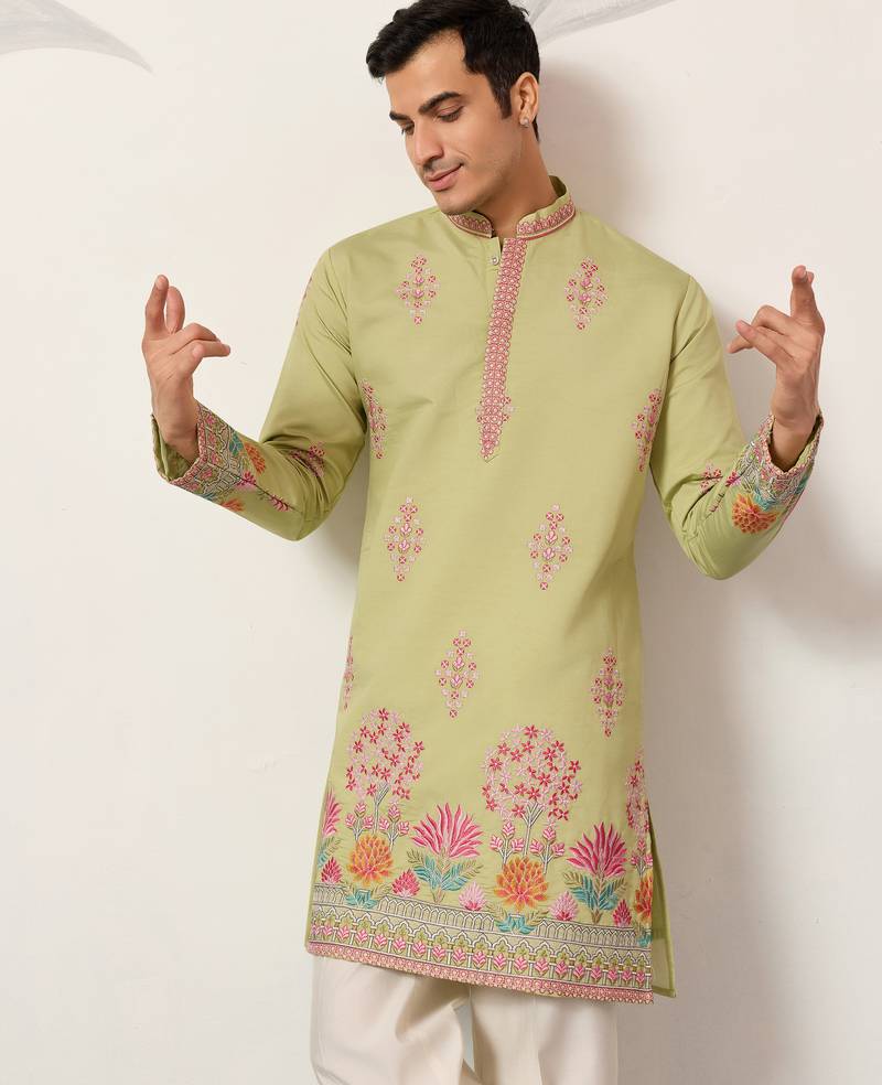 Pista viscose silk thread with sequence embroidered work kurta only