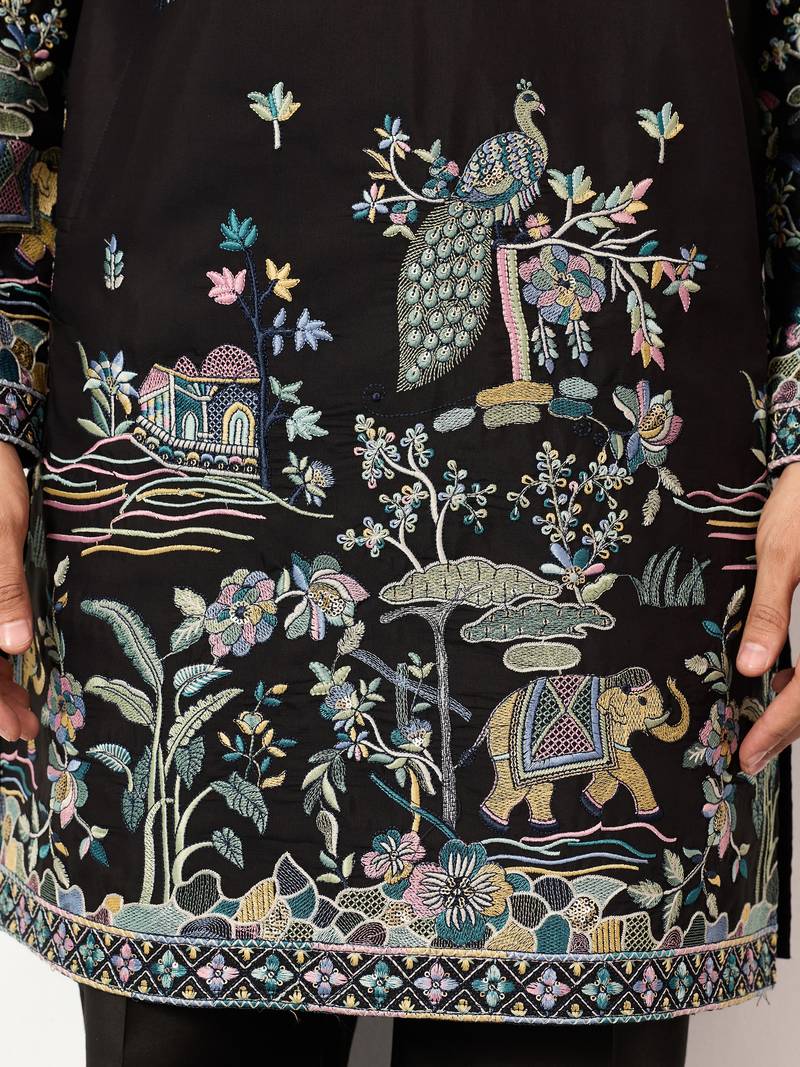 Black viscose silk thread with sequence embroidered work kurta only