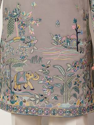 Grey viscose silk thread with sequence embroidered work kurta only 4