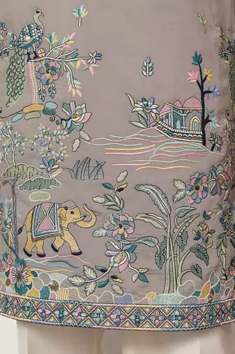 Grey viscose silk thread with sequence embroidered work kurta only