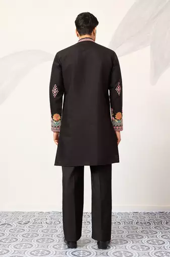 Black viscose silk thread with sequence embroidered work kurta only