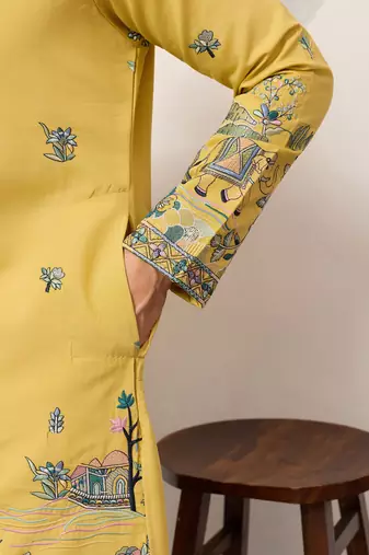 Yellow viscose silk thread with sequence embroidered work kurta only