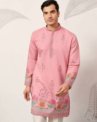Pink viscose silk thread with sequence embroidered work kurta only 3