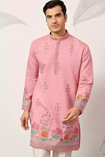 Pink viscose silk thread with sequence embroidered work kurta only