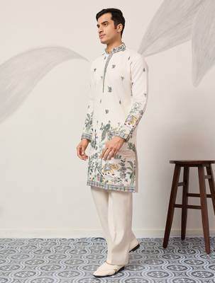 White viscose silk thread with sequence embroidered work kurta only 2